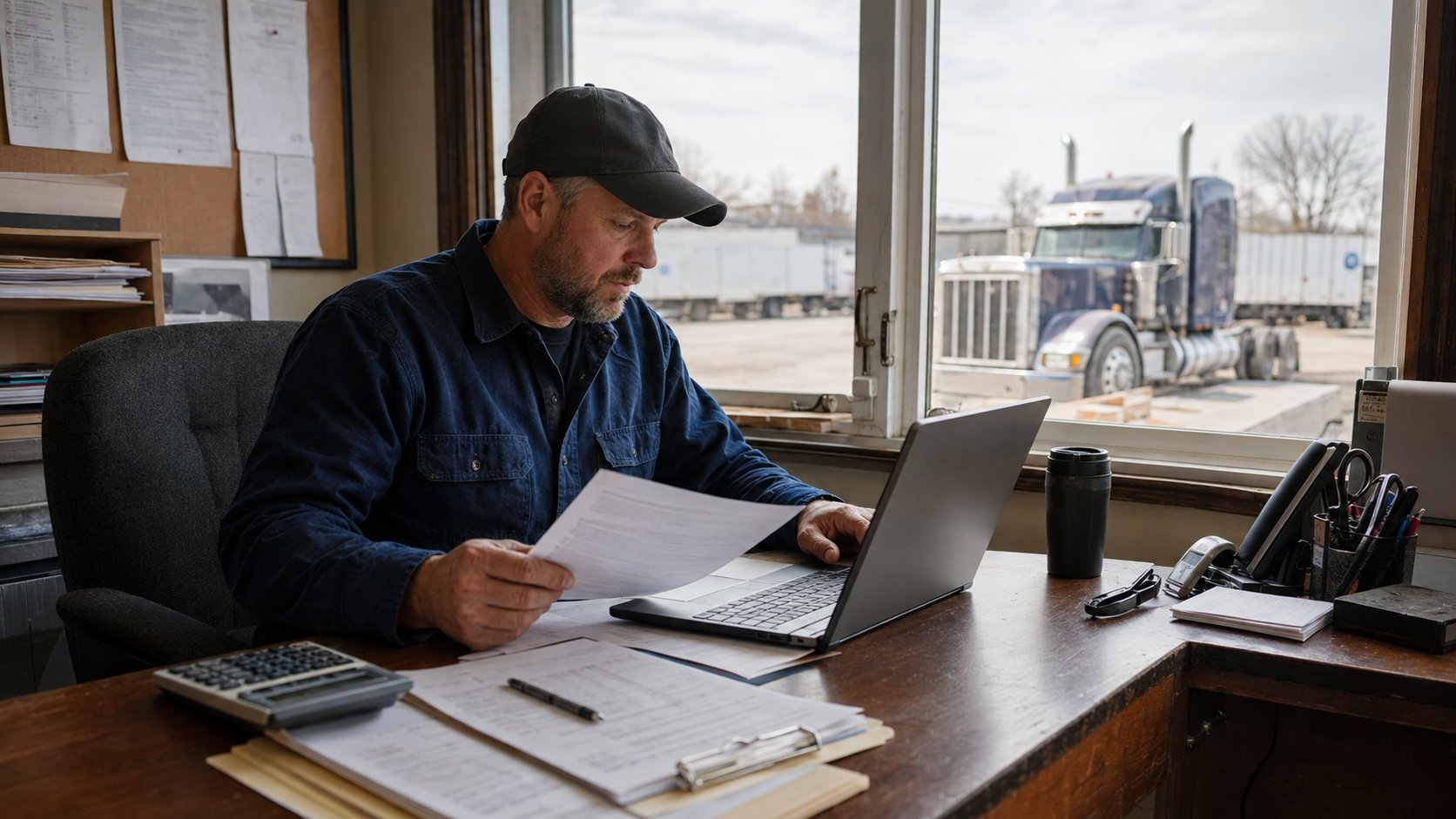 An owner-operator reviewing paperwork and a laptop at a desk, with a semi-truck visible through the window