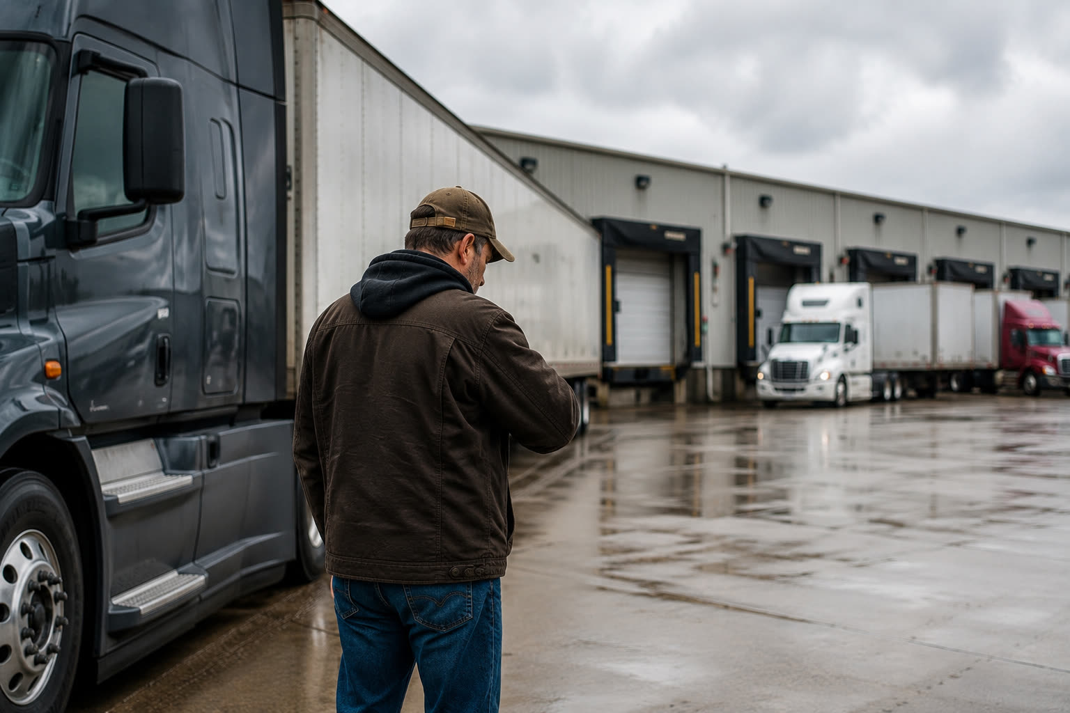 A truck driver waiting at a loading dock, checking the time