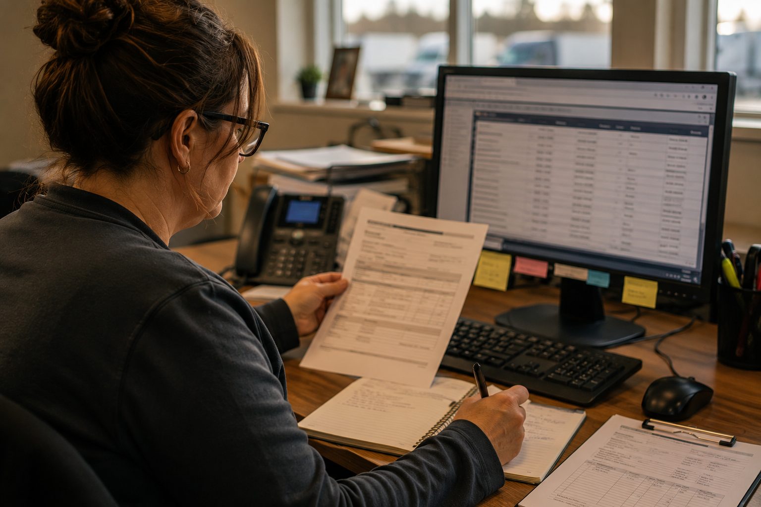 A dispatcher cross-referencing a rate confirmation against records on a computer screen