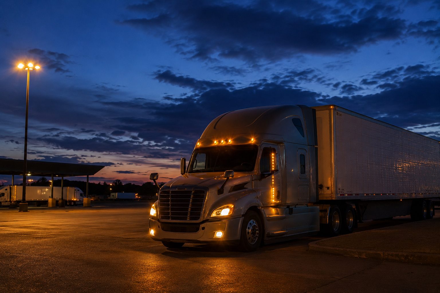 A semi-truck parked overnight at a truck stop at dusk