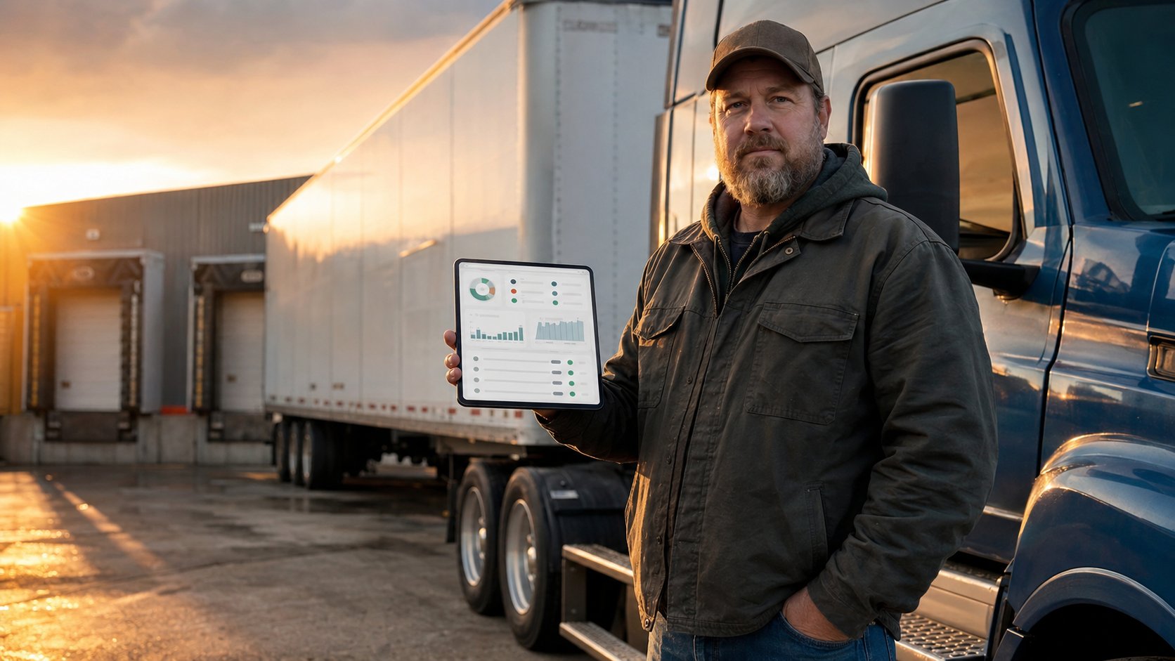 A truck driver at a loading dock at dusk reviewing a claims dashboard on a tablet