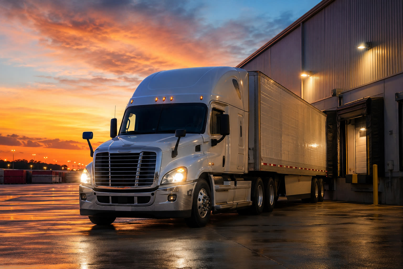 A semi-truck at a loading dock at dusk
